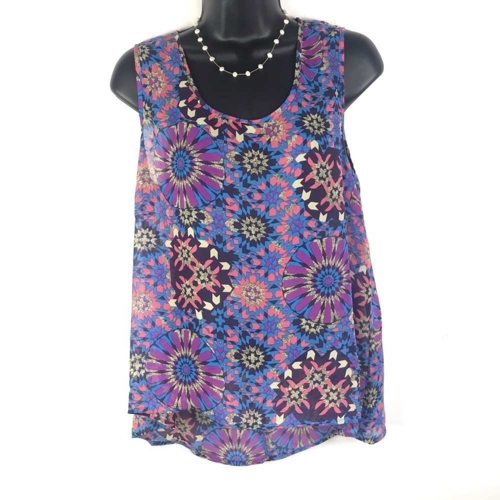 Angie Women Tank Top Medium Multicolor Geometric Kaleidoscope Sheer High Low Vtg